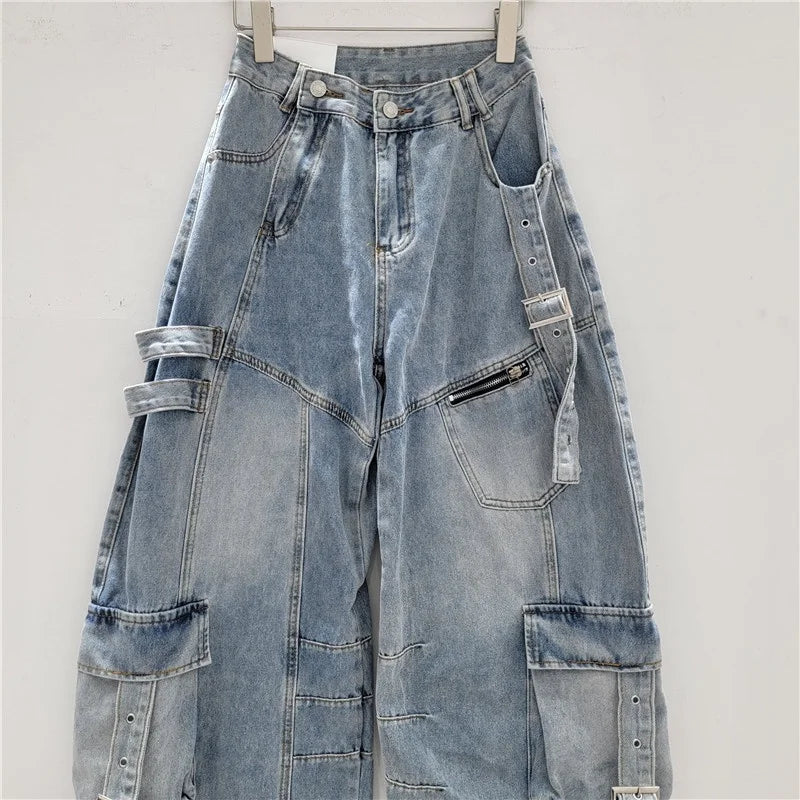 Baggy Distressed Wide Leg Cargo Jeans for Women — Ripped Straight Washed Denim | FireDrips