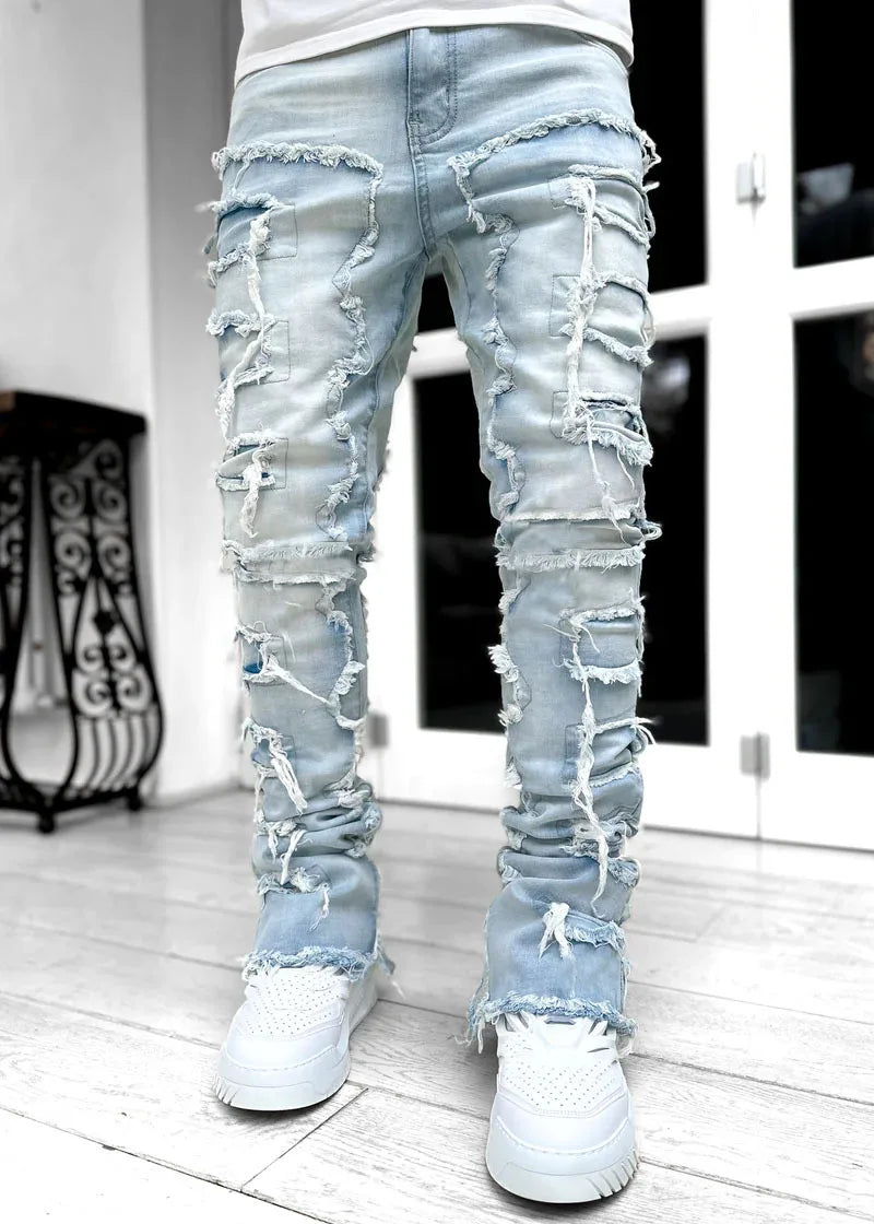 Stretch Stacked Ripped Jeans for Men — Y2K Streetwear Denim