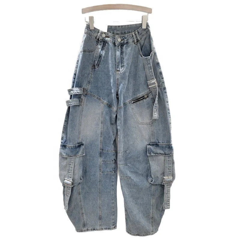 Baggy Distressed Wide Leg Cargo Jeans for Women — Ripped Straight Washed Denim | FireDrips