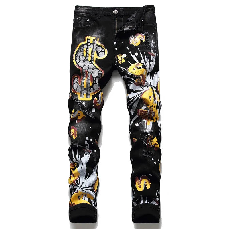 Dollar Sign Skinny Jeans – Men's Graphic Streetwear Denim