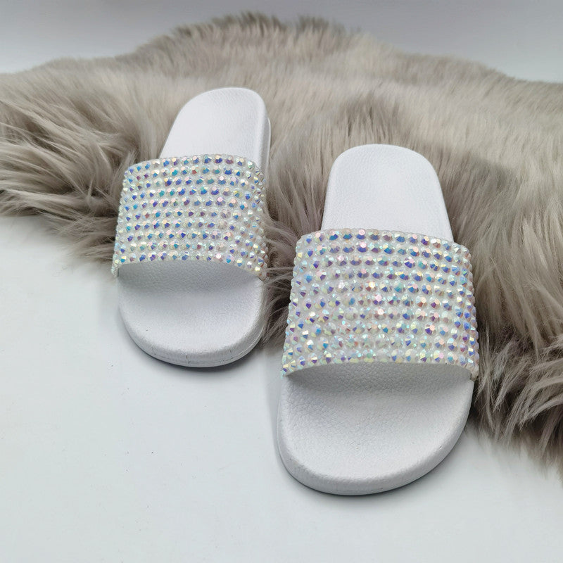 Diamond Strap Flat Slide Sandals – Beach Rhinestone Slides