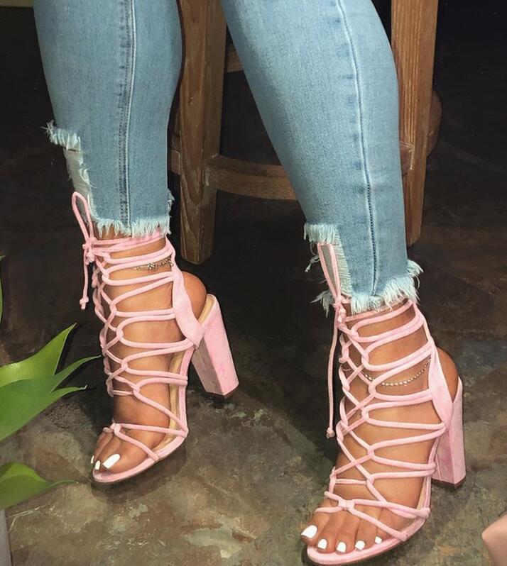 High Square Heel Bandage Sandals – Hollow Strap Heeled Slides