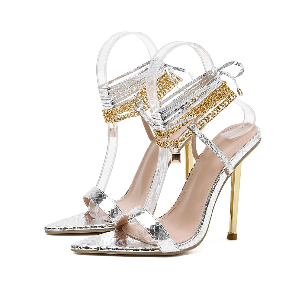 Metal Chain Cross Strap Heeled Sandals – Pointed Toe Roman Slides