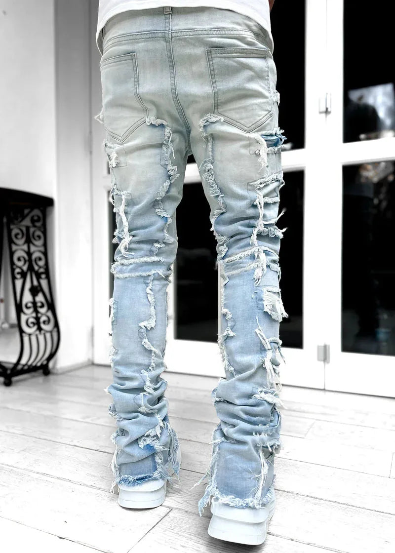 Stretch Stacked Ripped Jeans for Men — Y2K Streetwear Denim