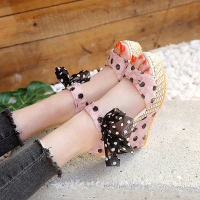 Bowknot Platform Wedge Sandals – Ankle Strap Open Toe Casual Heels