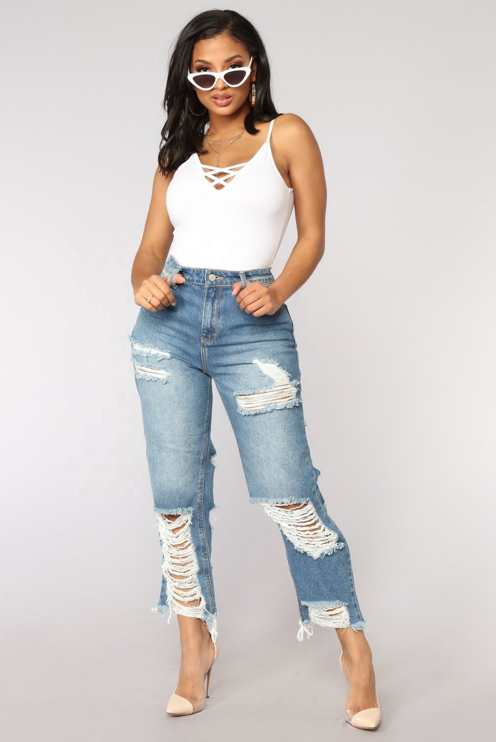 Women's Wide Leg Ripped Jeans – Drawstring Destroyed Casual Denim