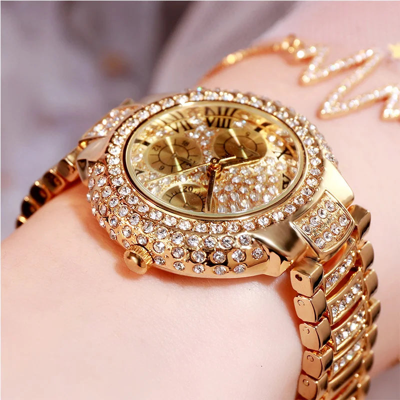 Gold Diamond Sport Watch for Women — Shiny Lady Jewelry Watch with Bracelet Set | FireDrips