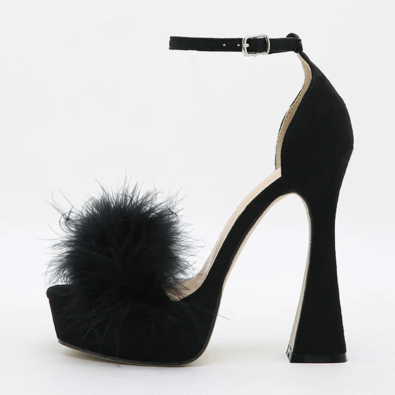Feather Platform High Heel Sandals – Peep Toe Buckle Strap Wedding Shoes