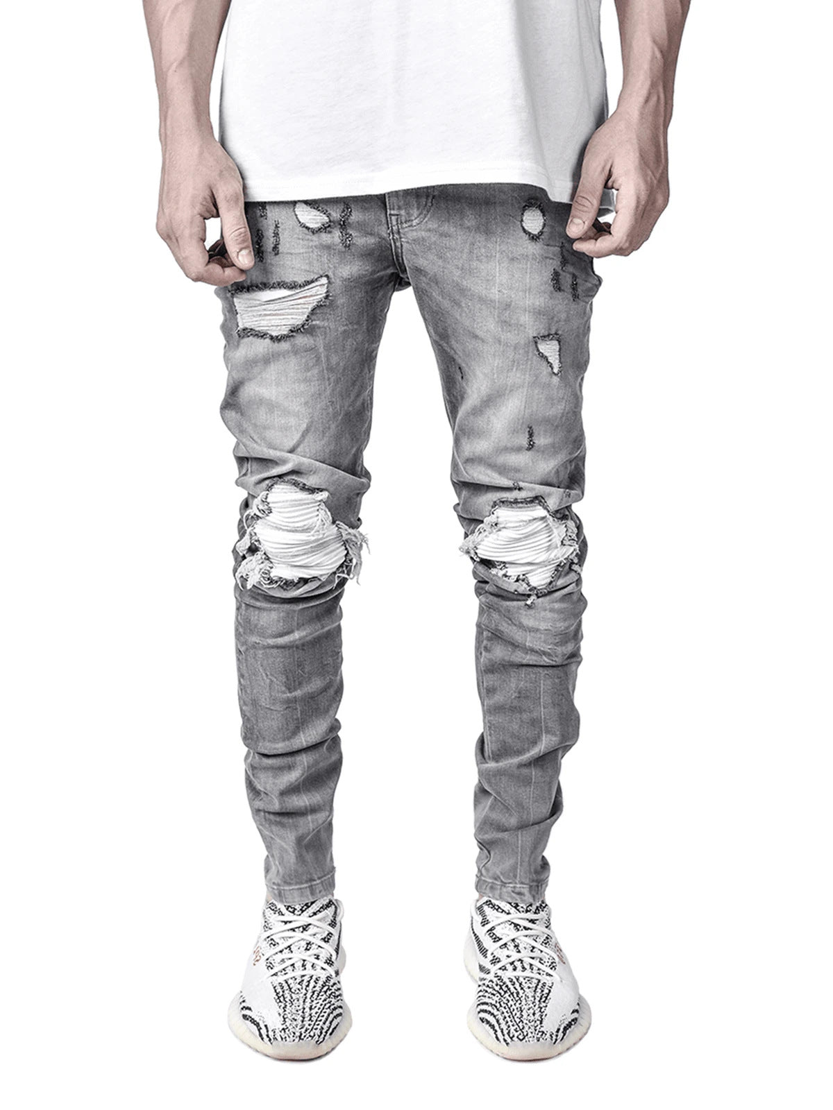 Men's Biker Jeans – Ripped Zipper Detail Regular Fit Denim