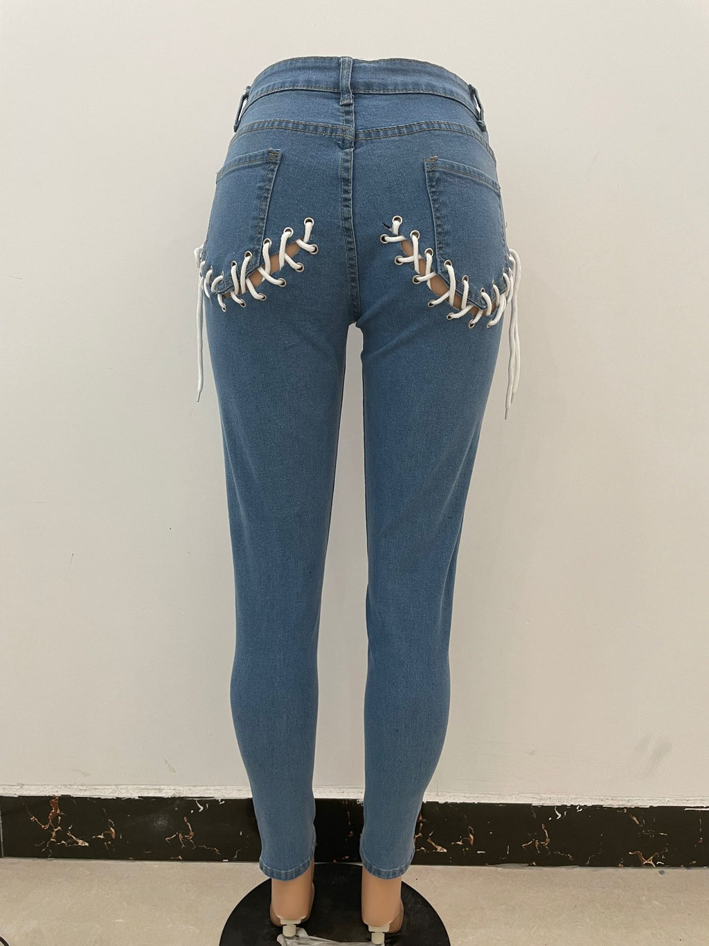 Women's Skinny Jeans – Hollow Out Back Cutout Drawstring Denim