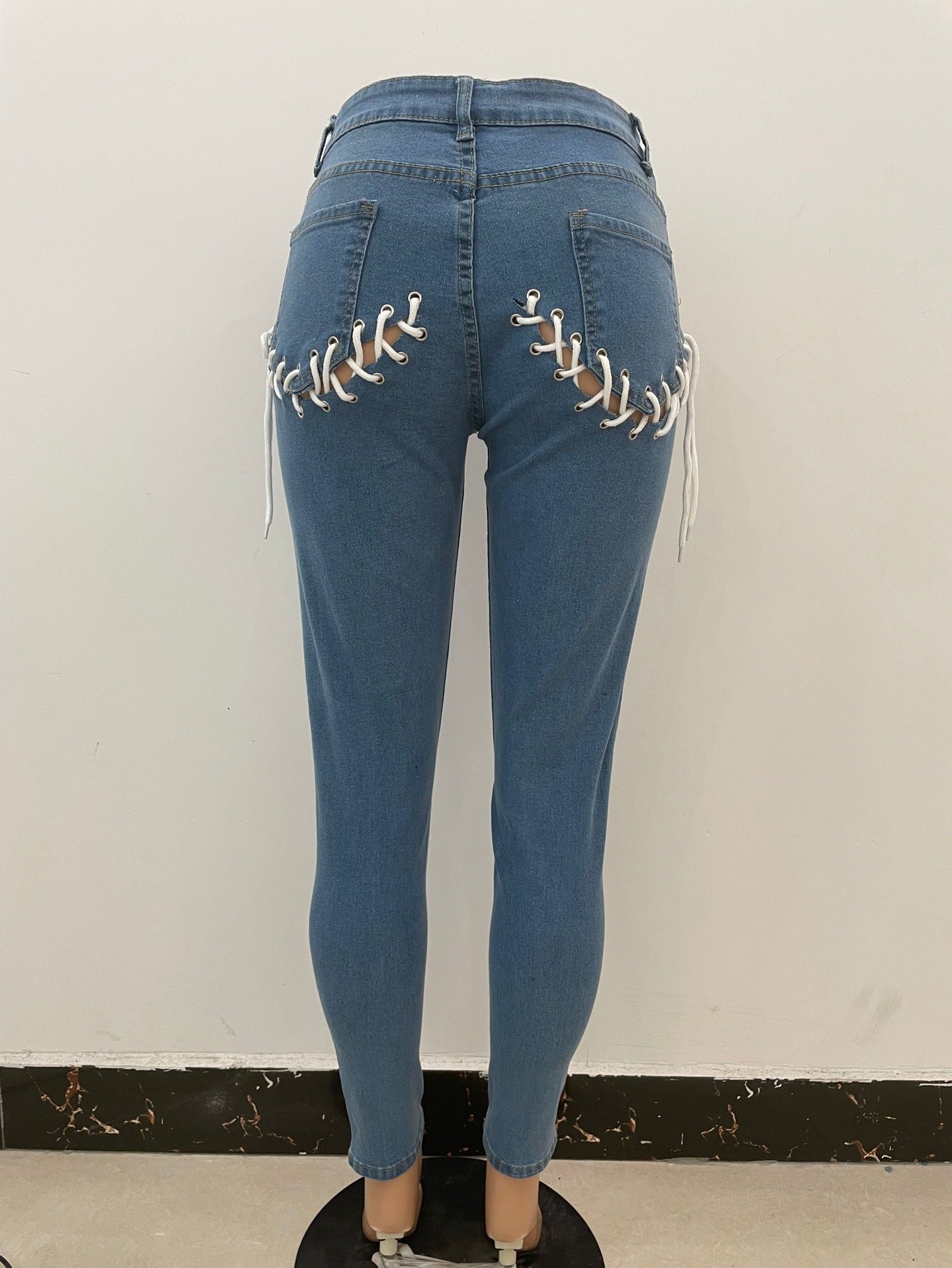 Women's Skinny Jeans – Hollow Out Back Cutout Drawstring Denim