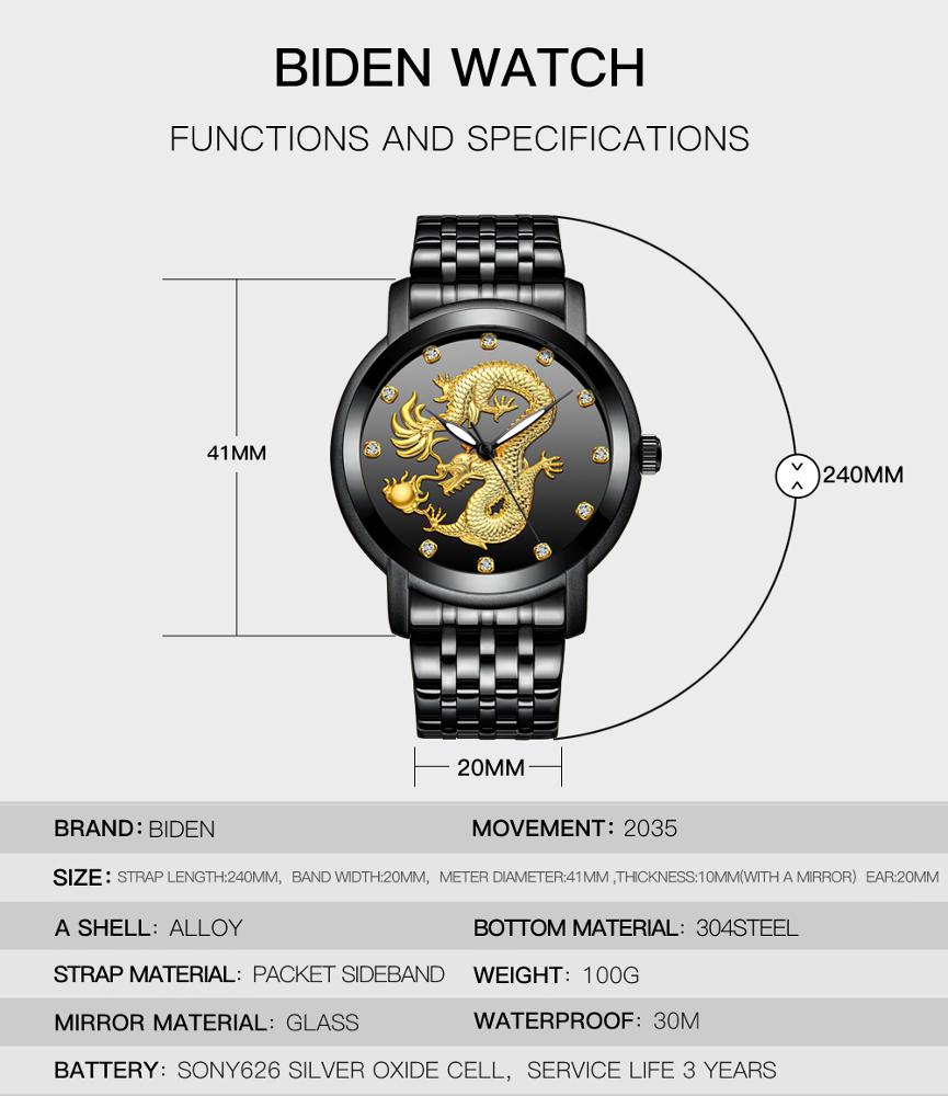 BIDEN Dragon Quartz Watch for Men — Gold Chain Japan Movement, Gold & Black | FireDrips
