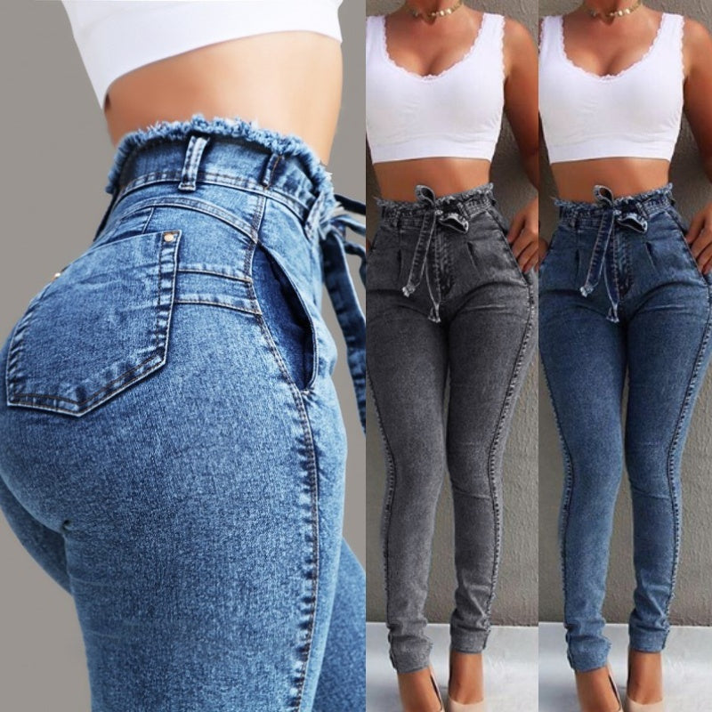 High Waist Stretch Slim Jeans for Women with Fringe Belt