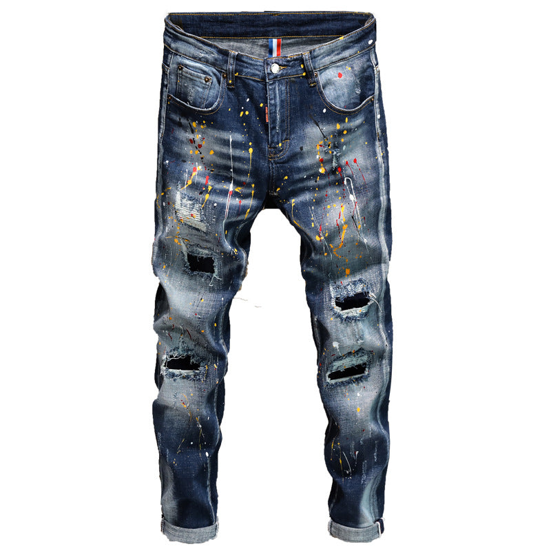 Graffiti Patch Slim Stretch Jeans for Men — High Street Painting Denim, Sizes 28–36 | FireDrips