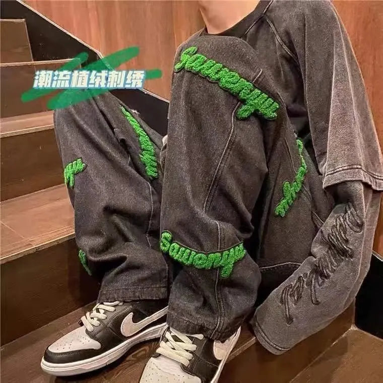 Men's Oversized Baggy Denim Jeans – Embroidered Loose Streetwear