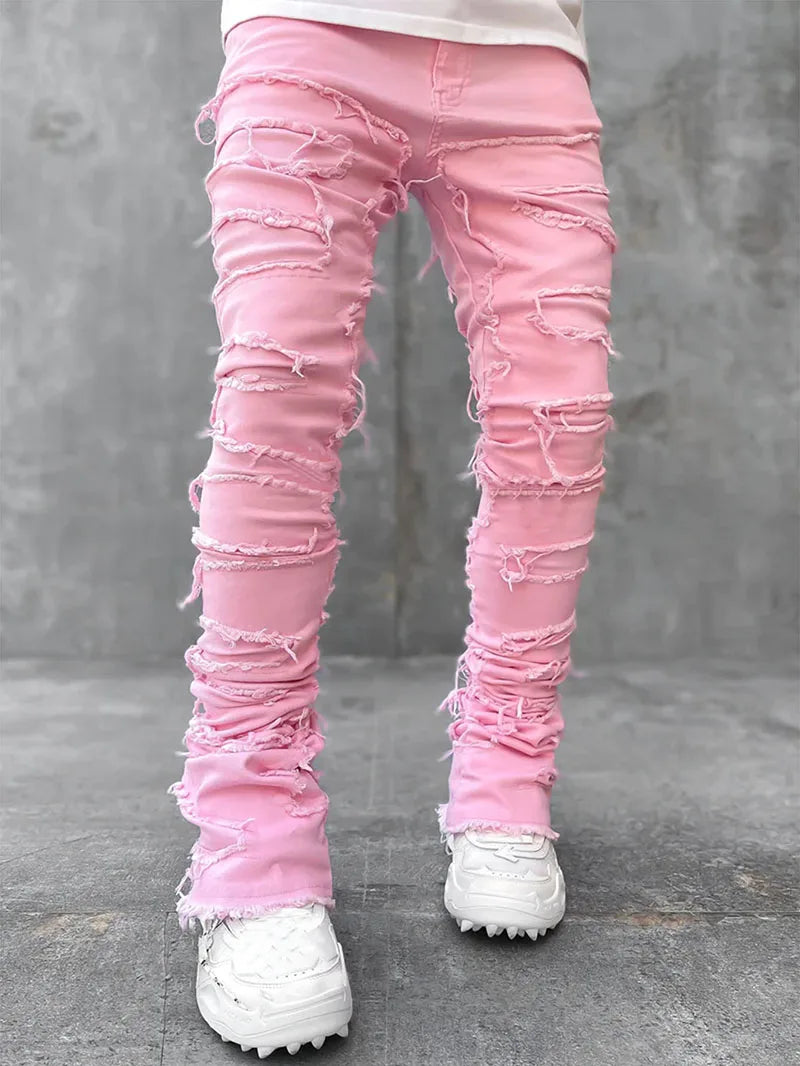 Stretch Stacked Ripped Jeans for Men — Y2K Streetwear Denim