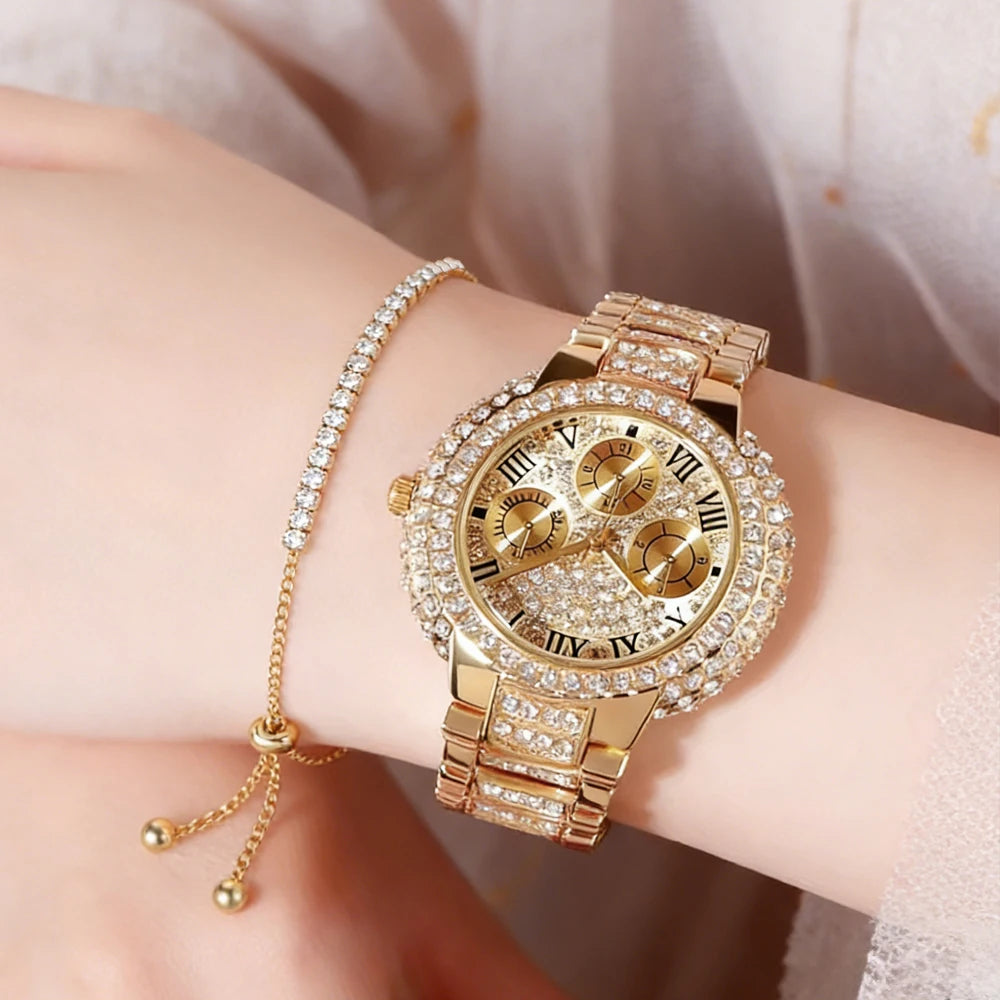 Gold Diamond Sport Watch for Women — Shiny Lady Jewelry Watch with Bracelet Set | FireDrips