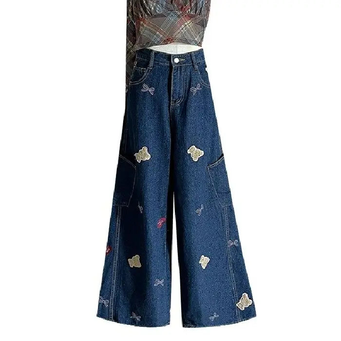 Retro Bear Wide Leg Jeans — Women's Loose Streetwear Denim | FireDrips