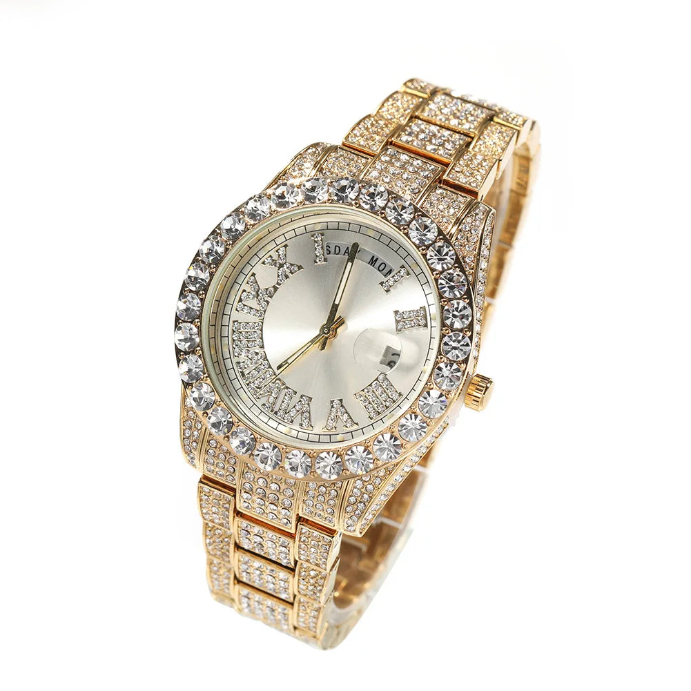 Iced Out Round Diamond Men's Watch — Waterproof Calendar Timepiece, Large Dial, 8 Colorways | Luxury Streetwear
