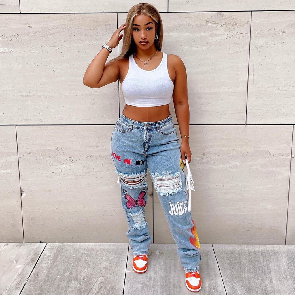 Ripped Street Denim Jeans – Women's Destroyed Streetwear Pants