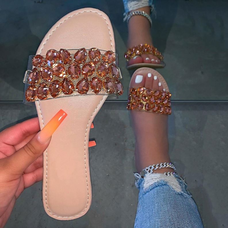 Diamond Strap Flat Slide Sandals – Beach Rhinestone Slides