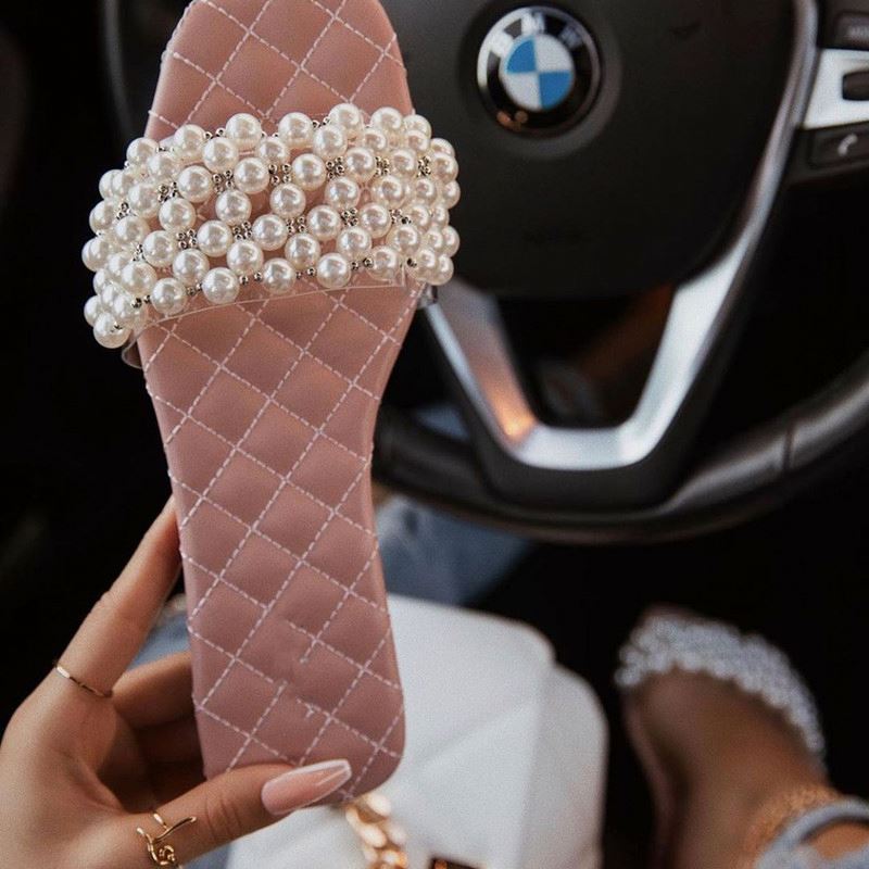 Diamond Strap Flat Slide Sandals – Beach Rhinestone Slides