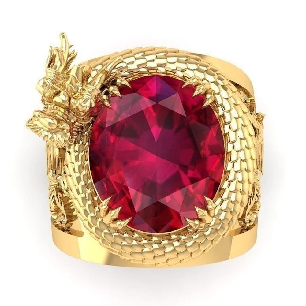 Men's Gold Dragon Ring – Oval Red Stone Statement Ring