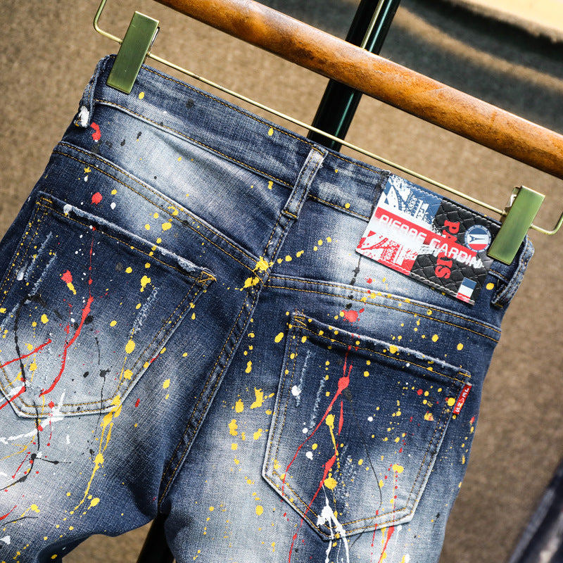 Graffiti Patch Slim Stretch Jeans for Men — High Street Painting Denim, Sizes 28–36 | FireDrips