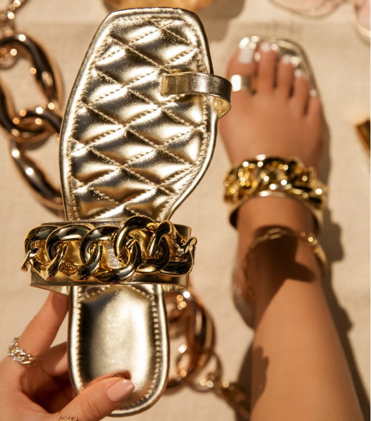 Chain Open-Toe Flat Sandals – Leather Slip-On Summer Slides