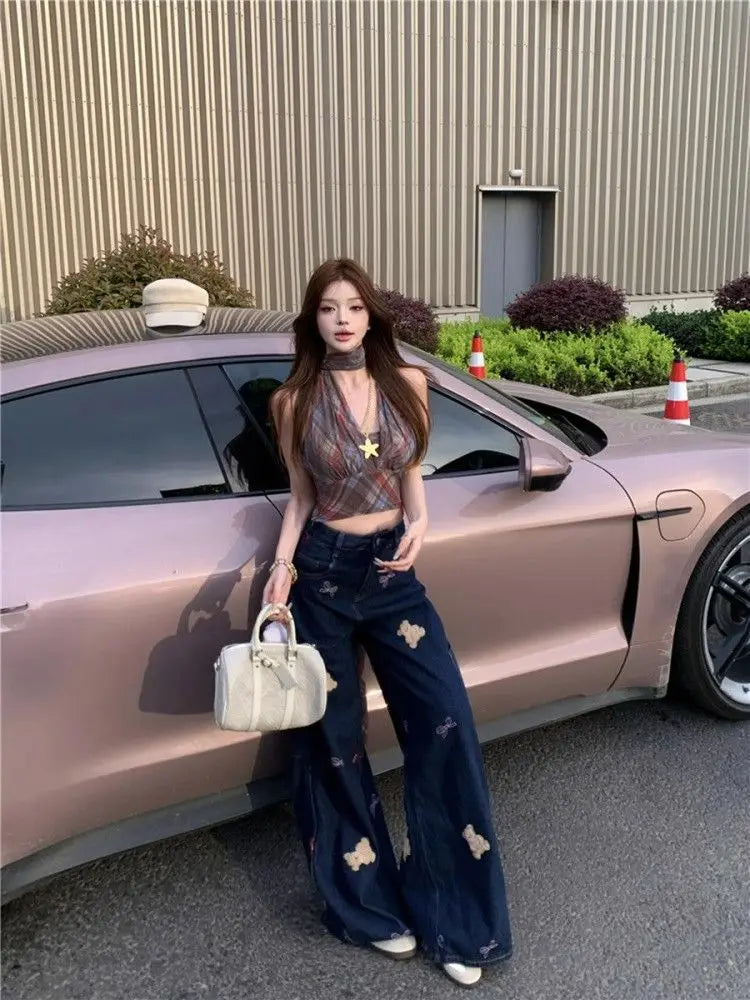 Retro Bear Wide Leg Jeans — Women's Loose Streetwear Denim | FireDrips