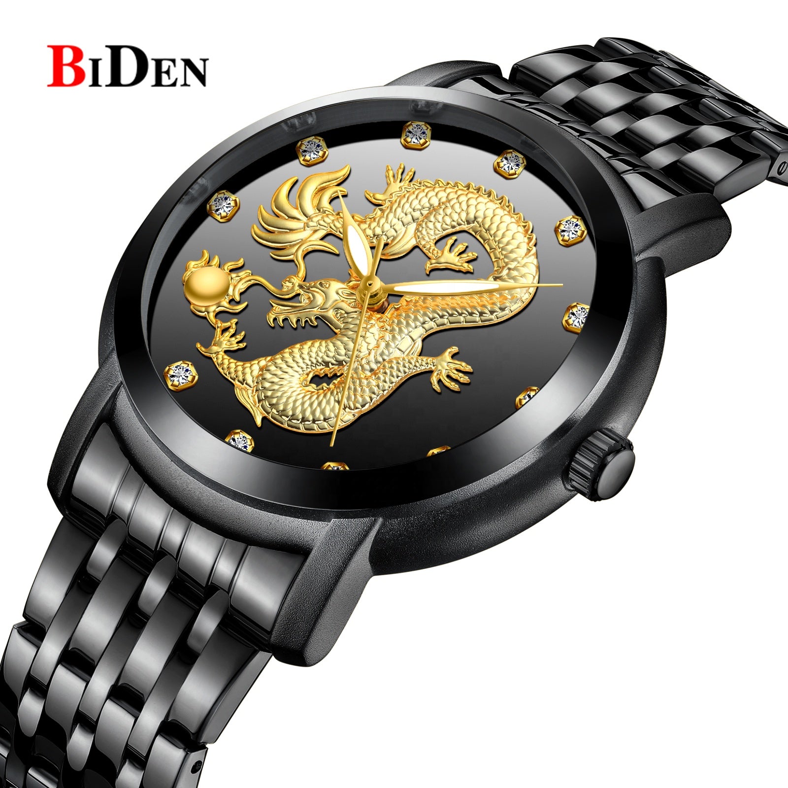 BIDEN Dragon Quartz Watch for Men — Gold Chain Japan Movement, Gold & Black | FireDrips