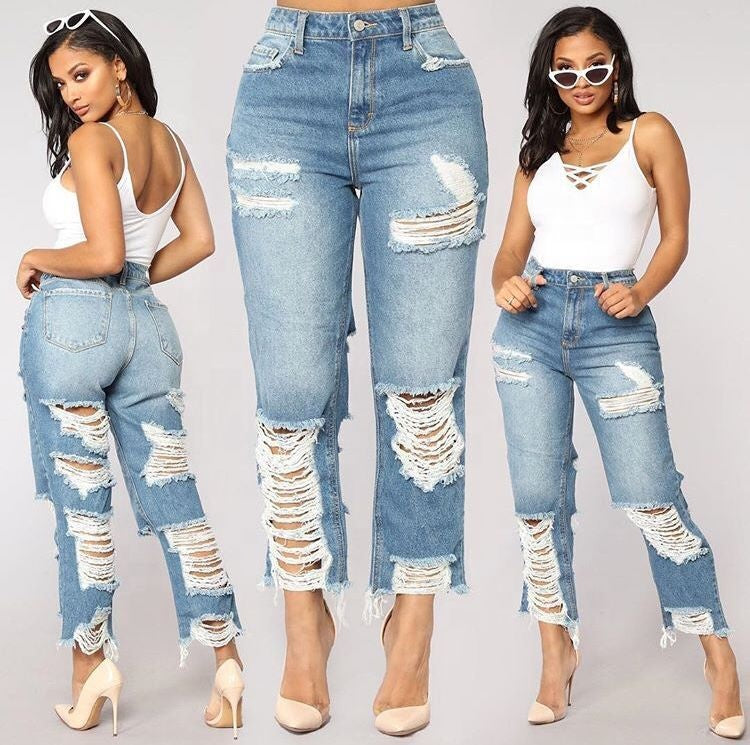 Women's Wide Leg Ripped Jeans – Drawstring Destroyed Casual Denim