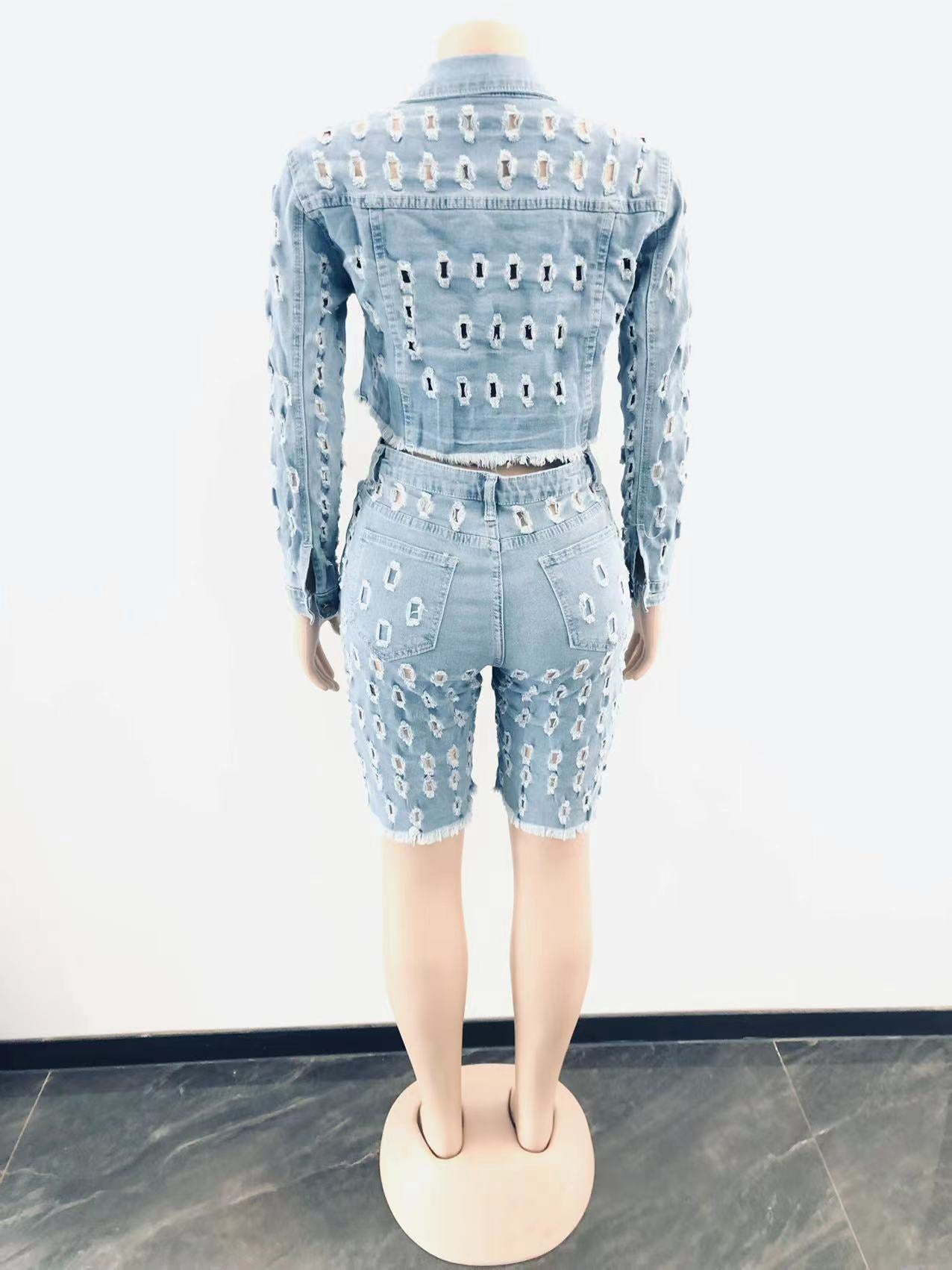 Women's Denim Two-Piece Set – Ripped Jean Jacket & Shorts Outfit