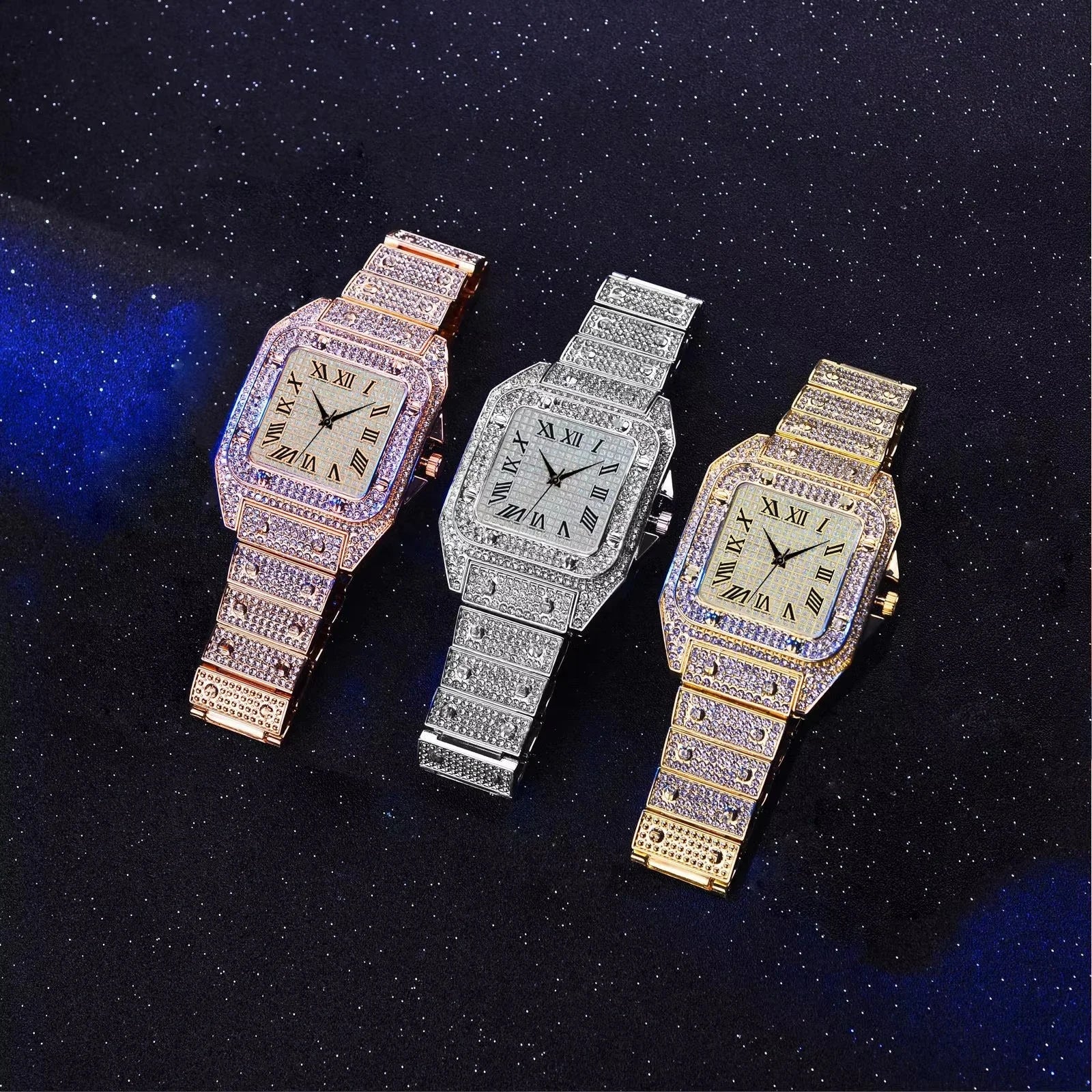 Iced Out Diamond Dial Quartz Watch — Stainless Steel Luxury Timepiece, 4 Colorways | FireDrips