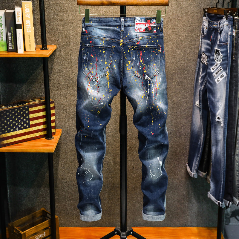 Graffiti Patch Slim Stretch Jeans for Men — High Street Painting Denim, Sizes 28–36 | FireDrips