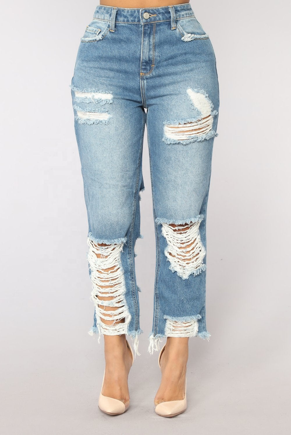 Women's Wide Leg Ripped Jeans – Drawstring Destroyed Casual Denim