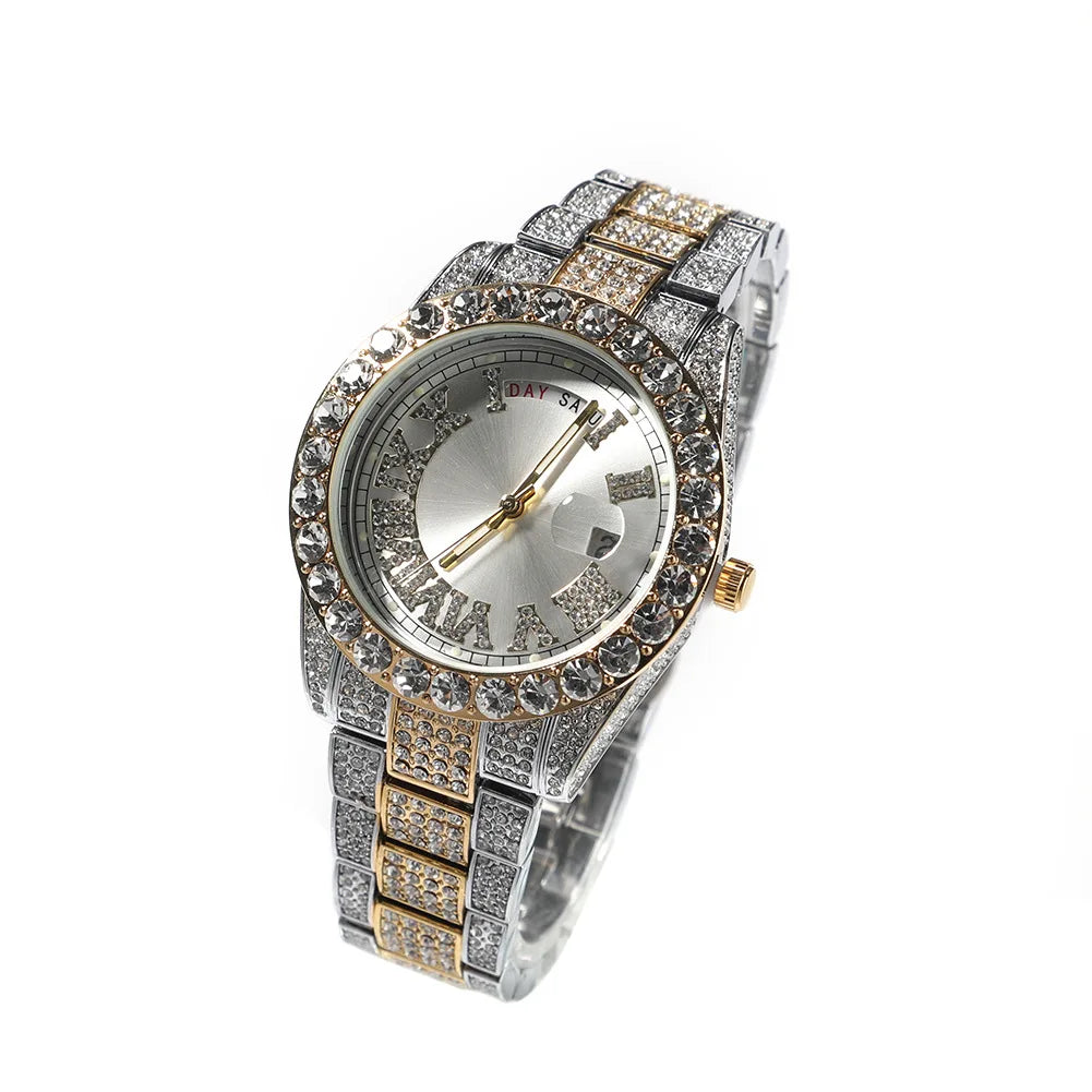 Iced Out Round Diamond Men's Watch — Waterproof Calendar Timepiece, Large Dial, 8 Colorways | Luxury Streetwear