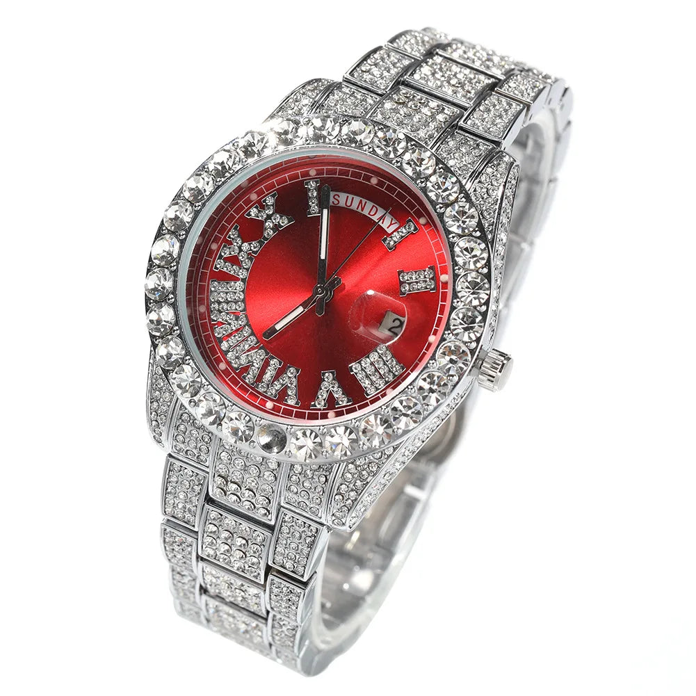 Iced Out Round Diamond Men's Watch — Waterproof Calendar Timepiece, Large Dial, 8 Colorways | Luxury Streetwear