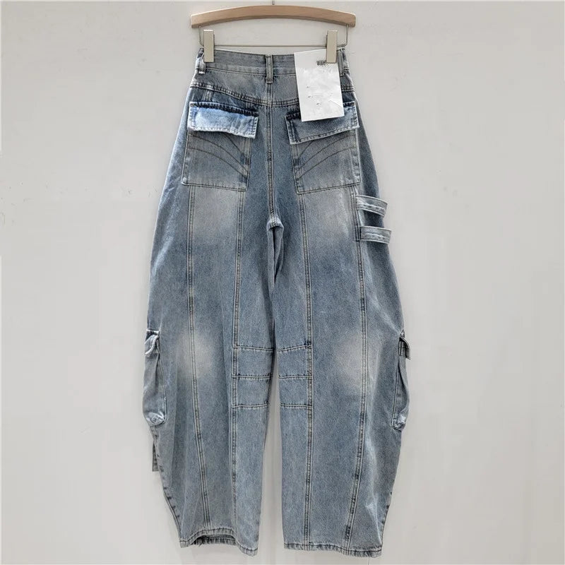 Baggy Distressed Wide Leg Cargo Jeans for Women — Ripped Straight Washed Denim | FireDrips