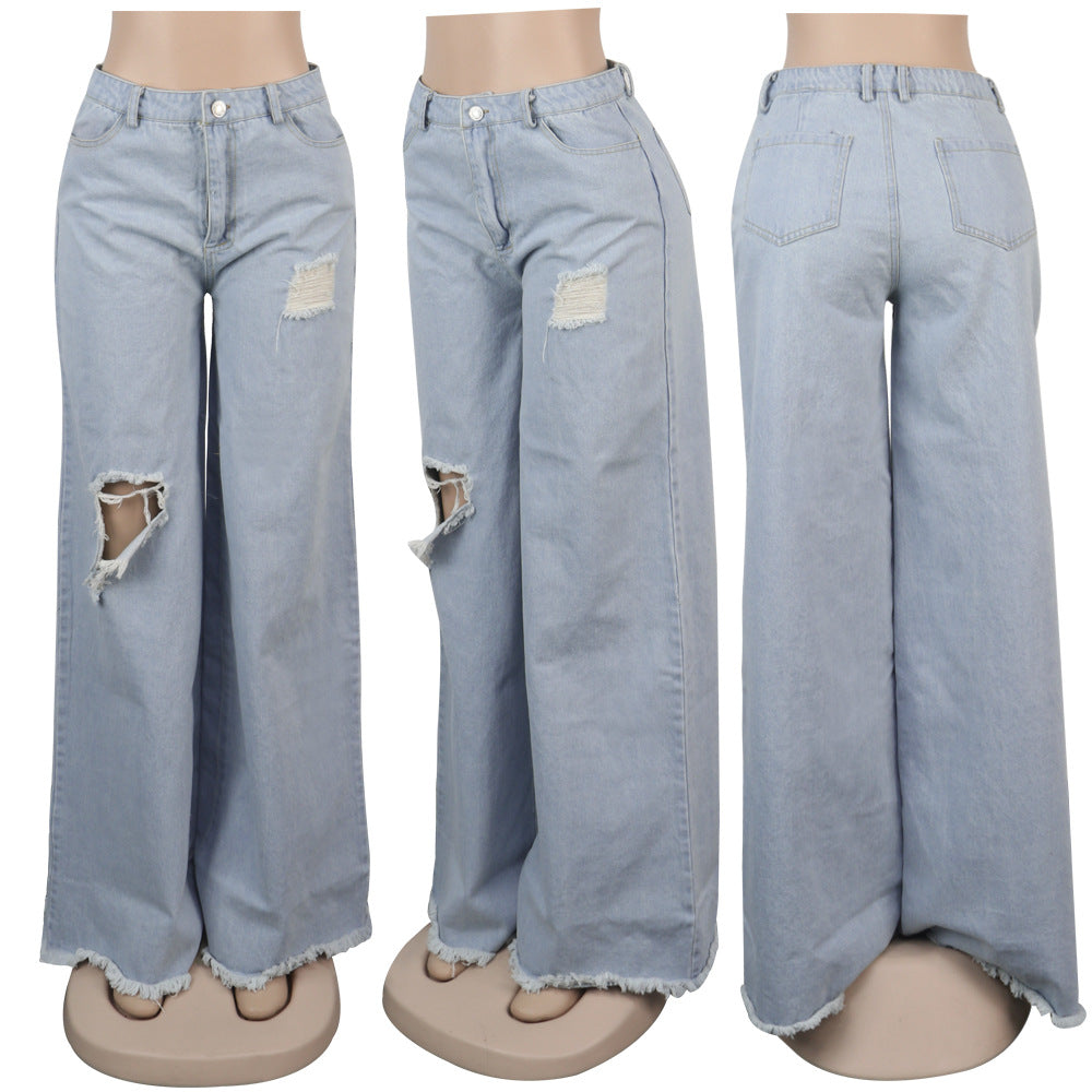 Ripped Wide Leg Boyfriend Jeans for Women — Distressed Denim, Dark & Light Blue | FireDrips