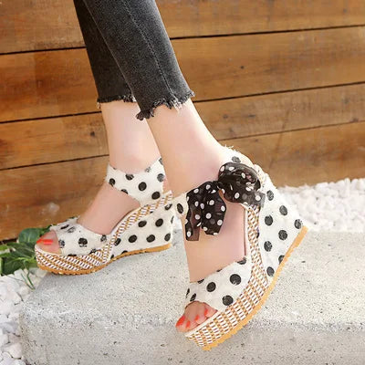 Bowknot Platform Wedge Sandals – Ankle Strap Open Toe Casual Heels