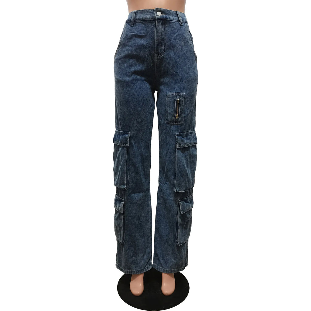 Women's Cargo Wide Leg Jeans – 6-Pocket Straight Denim Trousers S–2XL