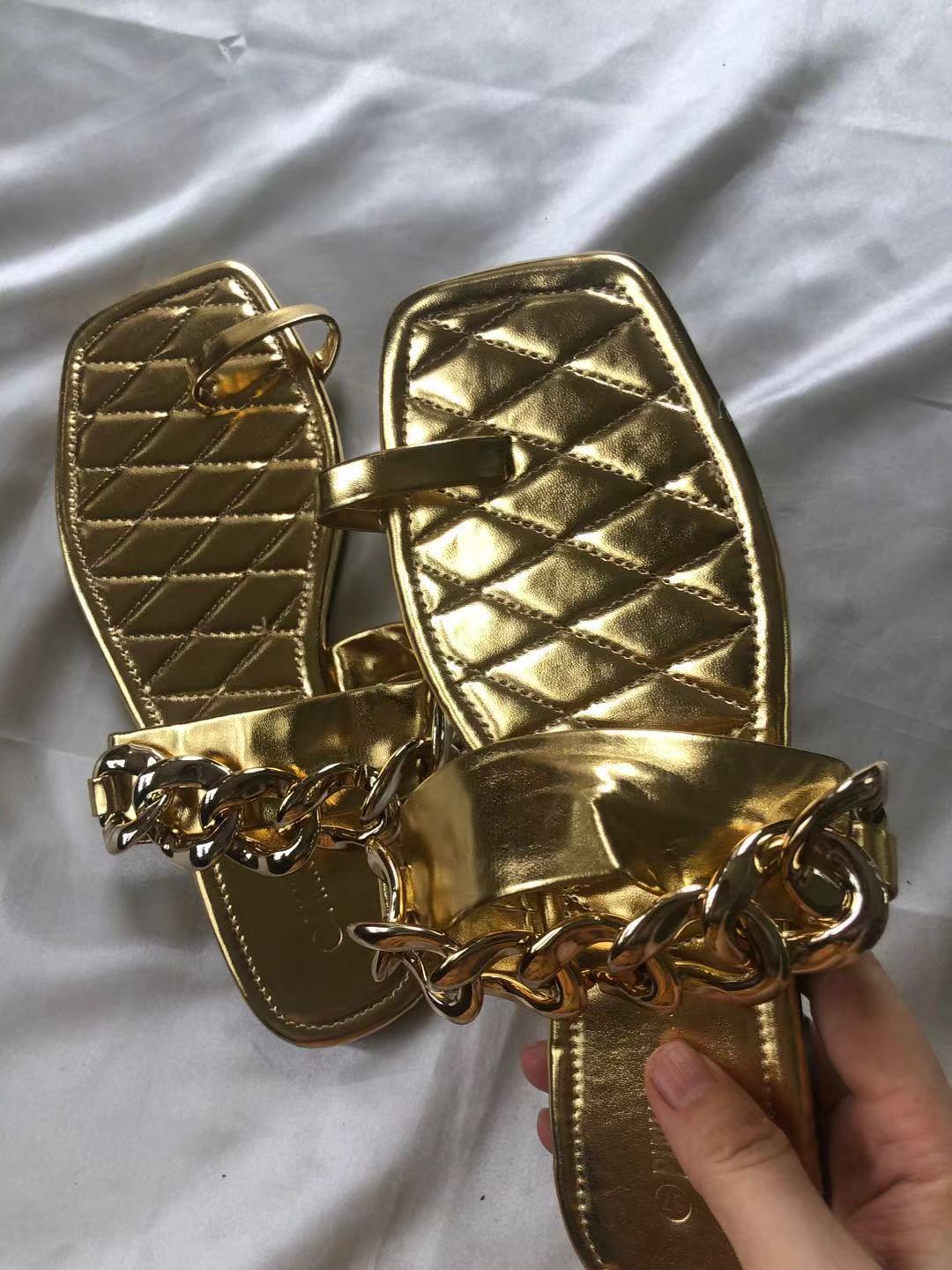 Chain Open-Toe Flat Sandals – Leather Slip-On Summer Slides