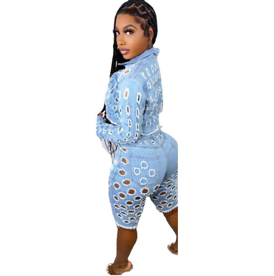Women's Denim Two-Piece Set – Ripped Jean Jacket & Shorts Outfit
