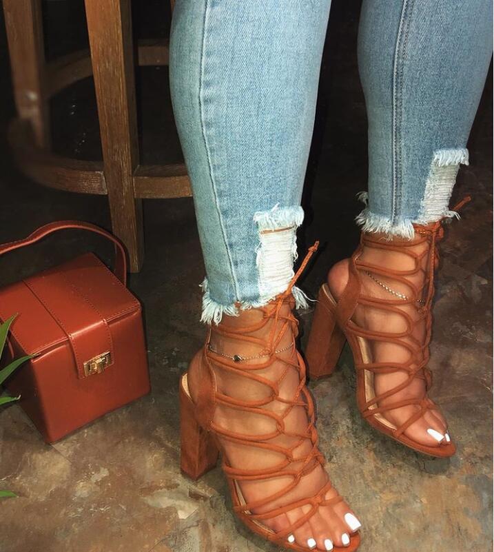High Square Heel Bandage Sandals – Hollow Strap Heeled Slides