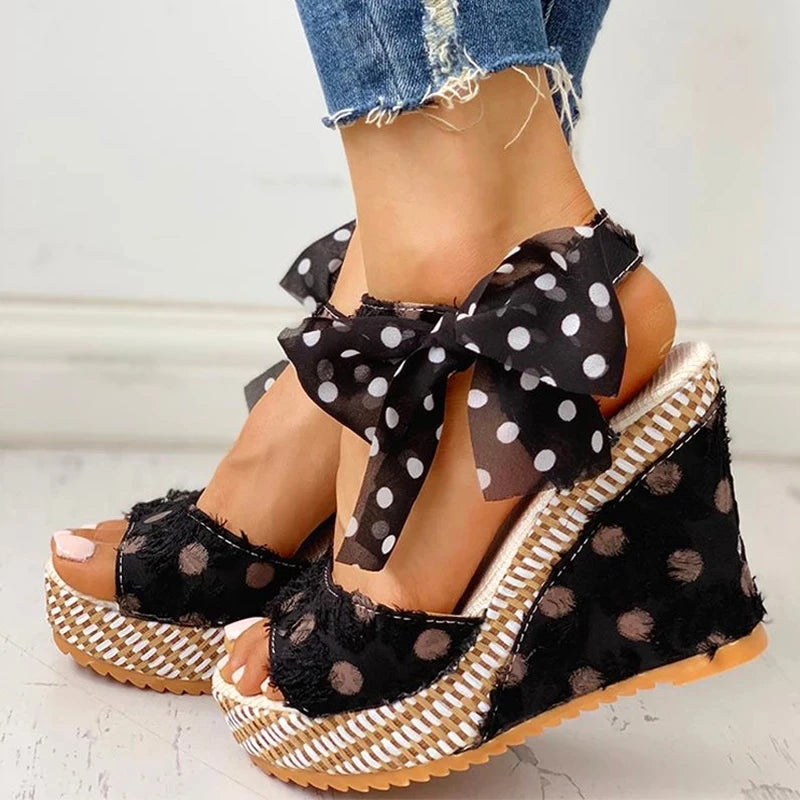 Bowknot Platform Wedge Sandals – Ankle Strap Open Toe Casual Heels