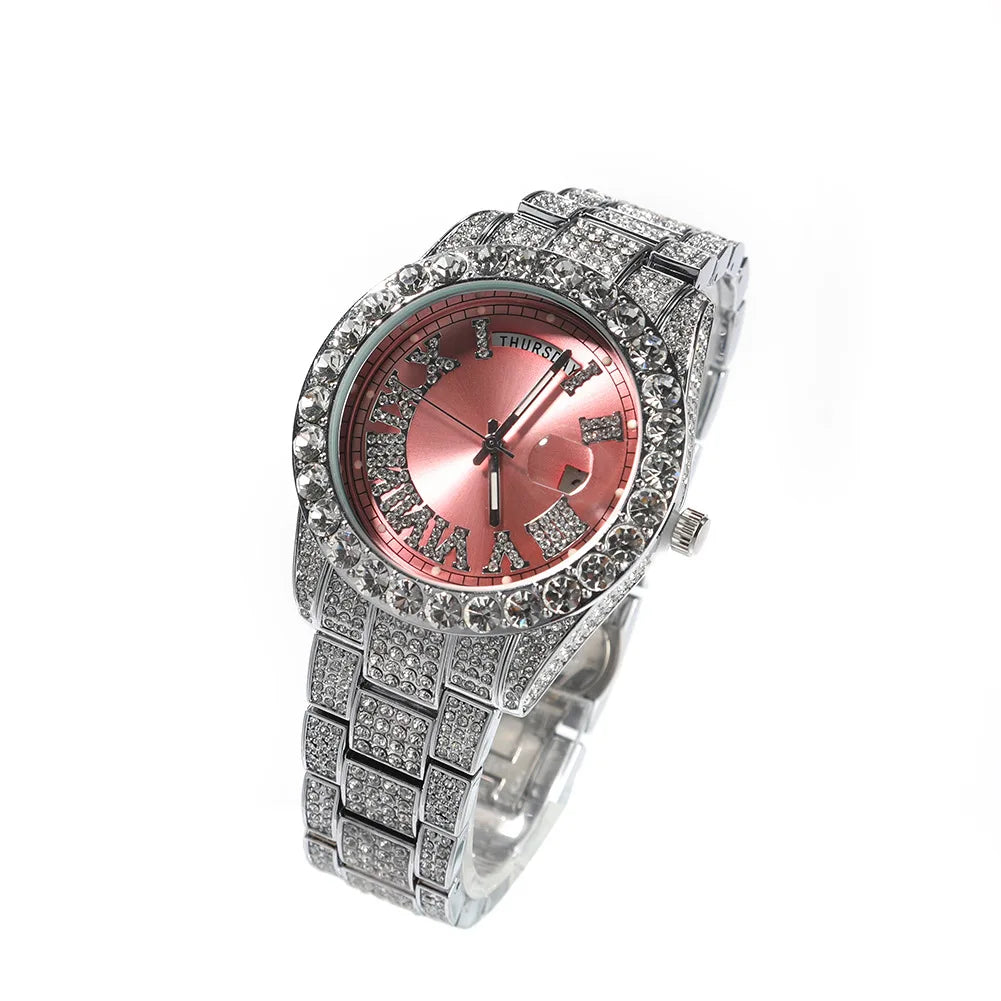 Iced Out Round Diamond Men's Watch — Waterproof Calendar Timepiece, Large Dial, 8 Colorways | Luxury Streetwear
