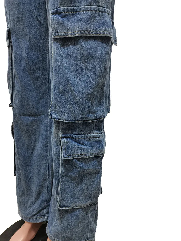 Women's Cargo Wide Leg Jeans – 6-Pocket Straight Denim Trousers S–2XL
