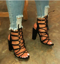 High Square Heel Bandage Sandals – Hollow Strap Heeled Slides