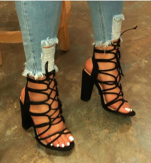 High Square Heel Bandage Sandals – Hollow Strap Heeled Slides